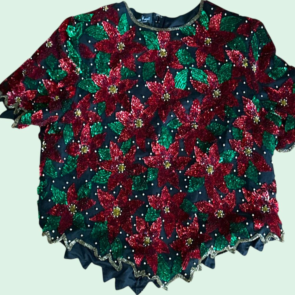 VTG Laurence Kazar 2X Silk Beaded Sequin Poinsettia Christmas Top Blouse